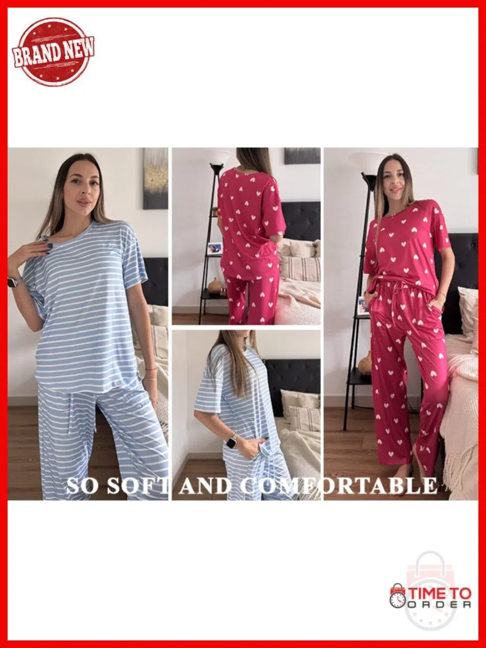2 Pack Womens Pajama Sets Short Sleeve Tops and Long Pants Casual Lounge Set